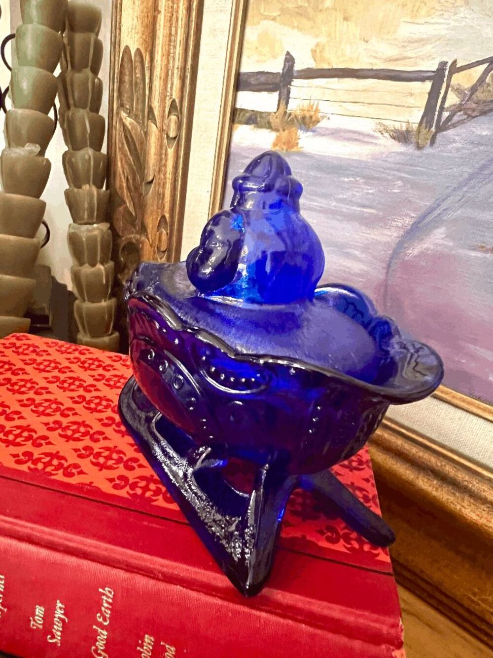 Vintage Westmoreland Cobalt Blue Glass Santa Sleigh Covered Candy Dish – Christm